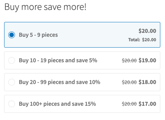 Tiered pricing options layout