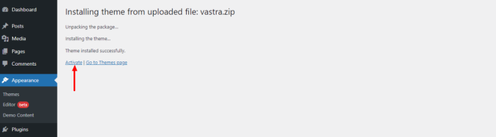 Activate Vastra WordPress theme
