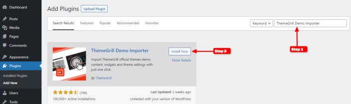 Install ThemeGrill Demo Importer plugin