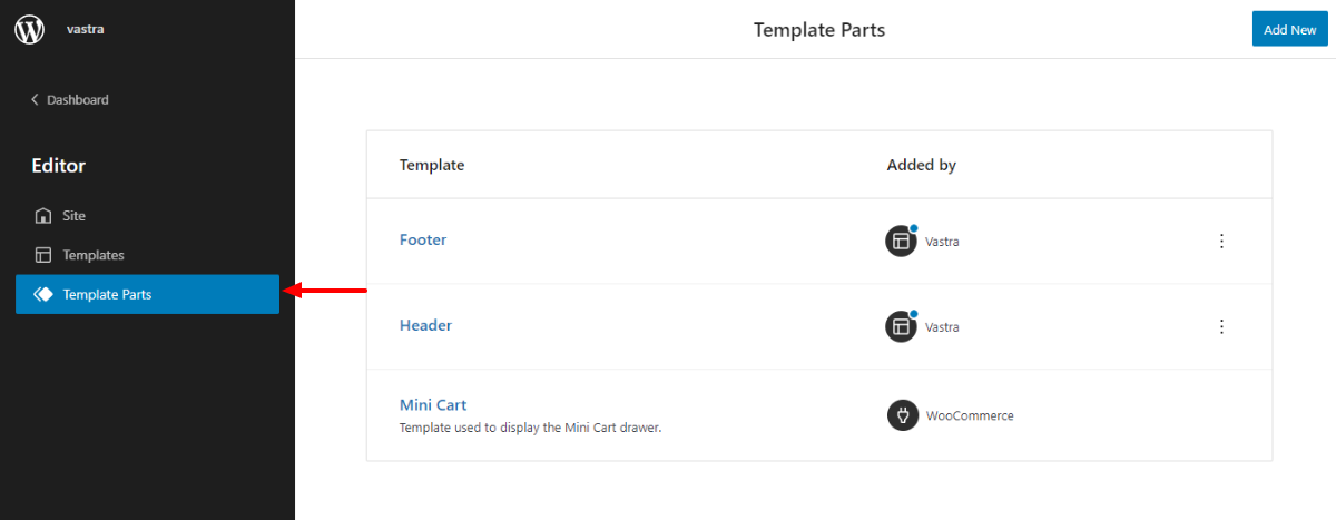 Template parts available in Vastra theme