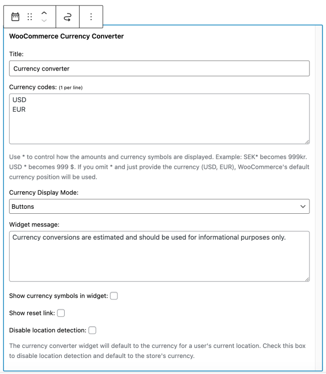 Currency Converter widget settings