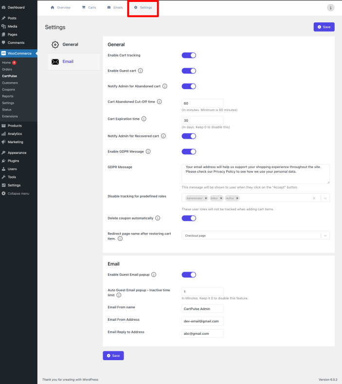 CartPulse Settings