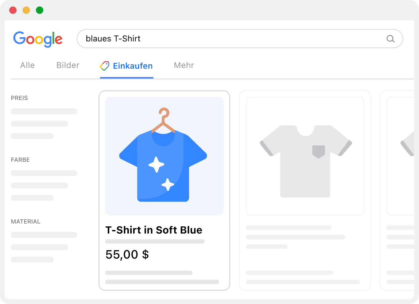 Illustrated Google product result for a blue t-shirt