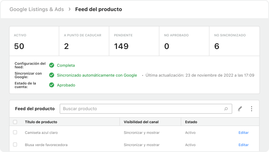 Mostrar el feed de productos en la integración de Google Listings y Ads