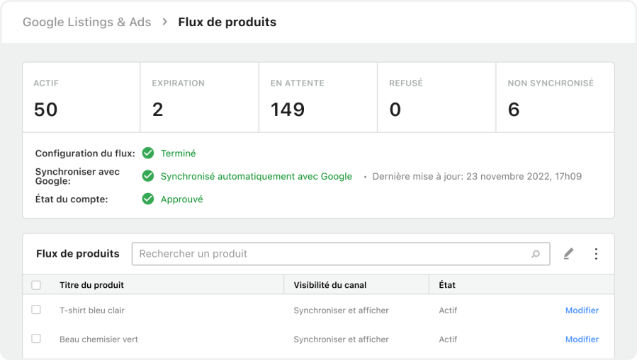 Affichage du flux de produits dans l'intégration Google Listings and Ads