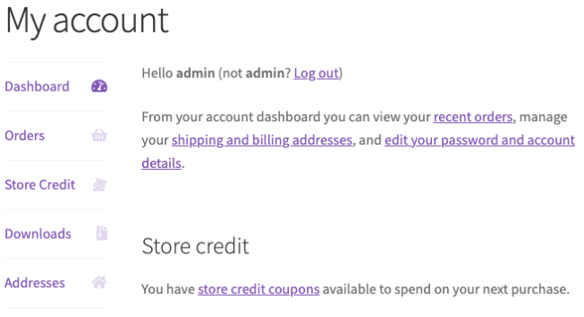 Store Credit section in the 'My Account' dashboard