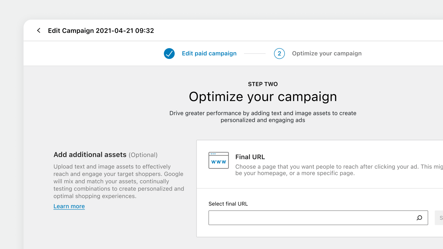 A screenshot showing a window in Google Listings & Ads that allows merchants to customize campaigns by adding assets for their products.