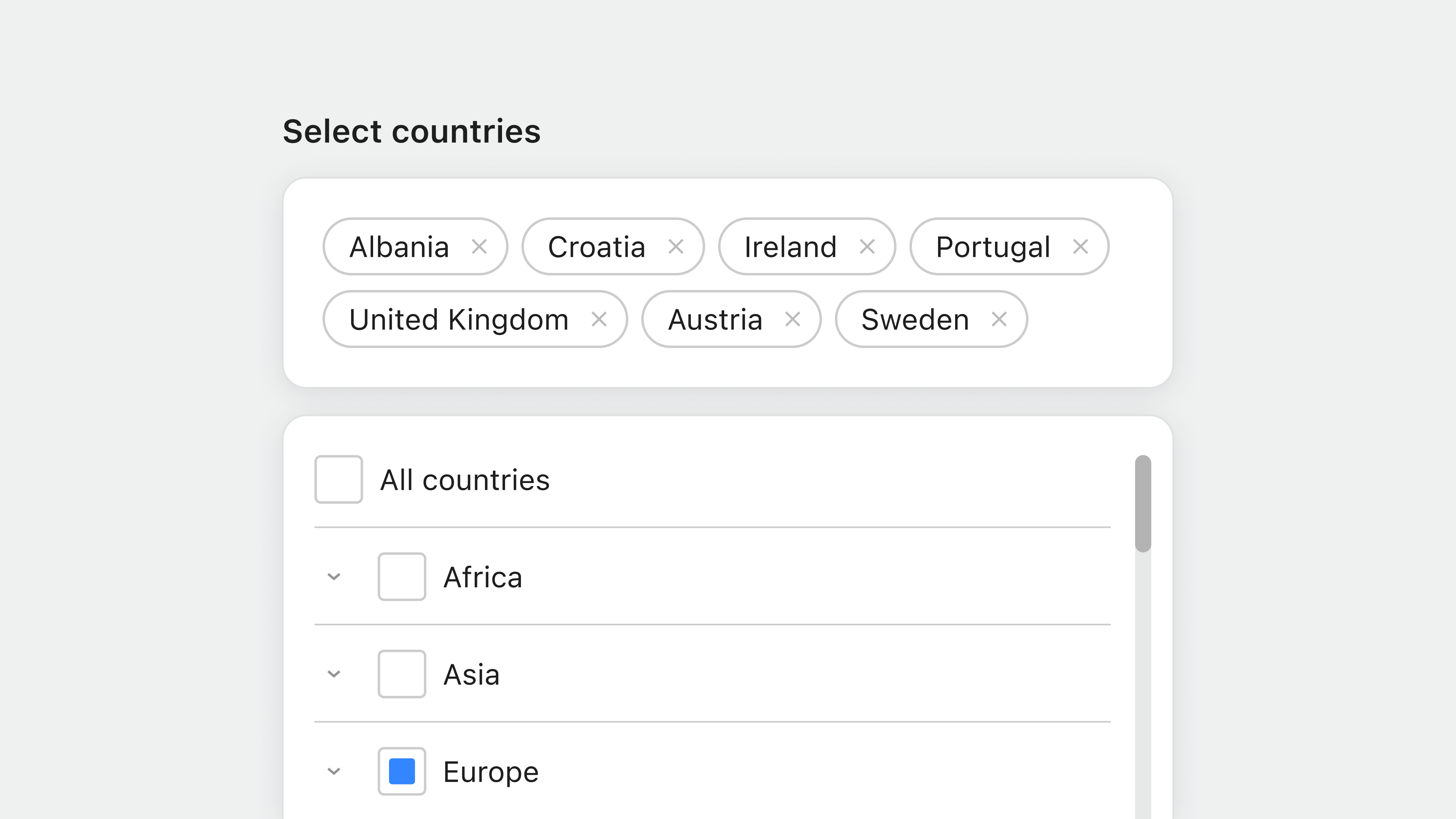 A screenshot of Google Listings & Ads that shows options for selecting multiple countries for your ad campaigns.