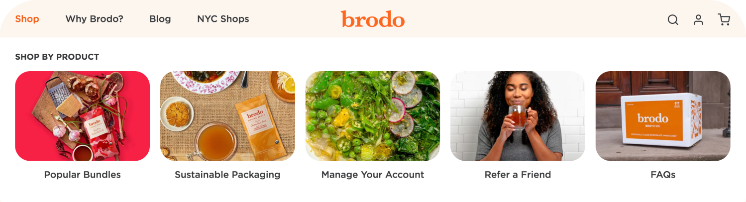 dropdown mega menu on Brodo's website