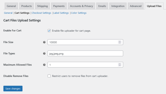 Upload Files By WebMeteors For WooCommerce - Cart Settings.