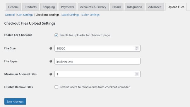 Upload Files By WebMeteors For WooCommerce - Checkout Settings.