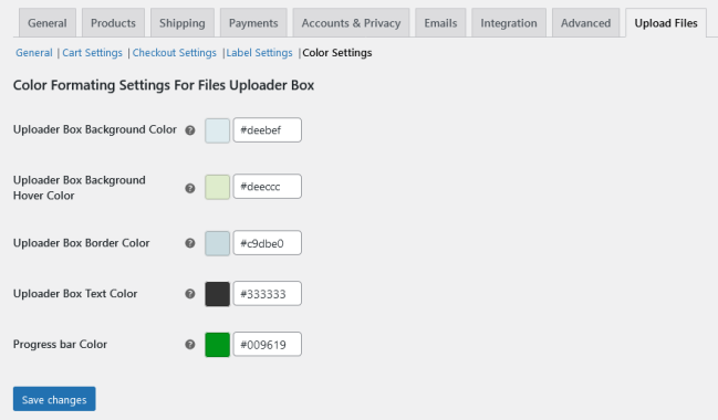 Upload Files By WebMeteors For WooCommerce - color Settings.