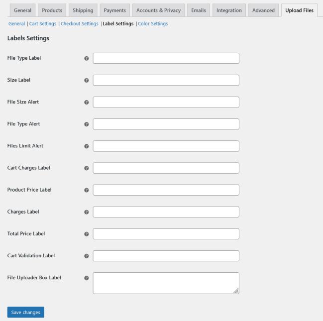 Upload Files By WebMeteors For WooCommerce - Label Settings.