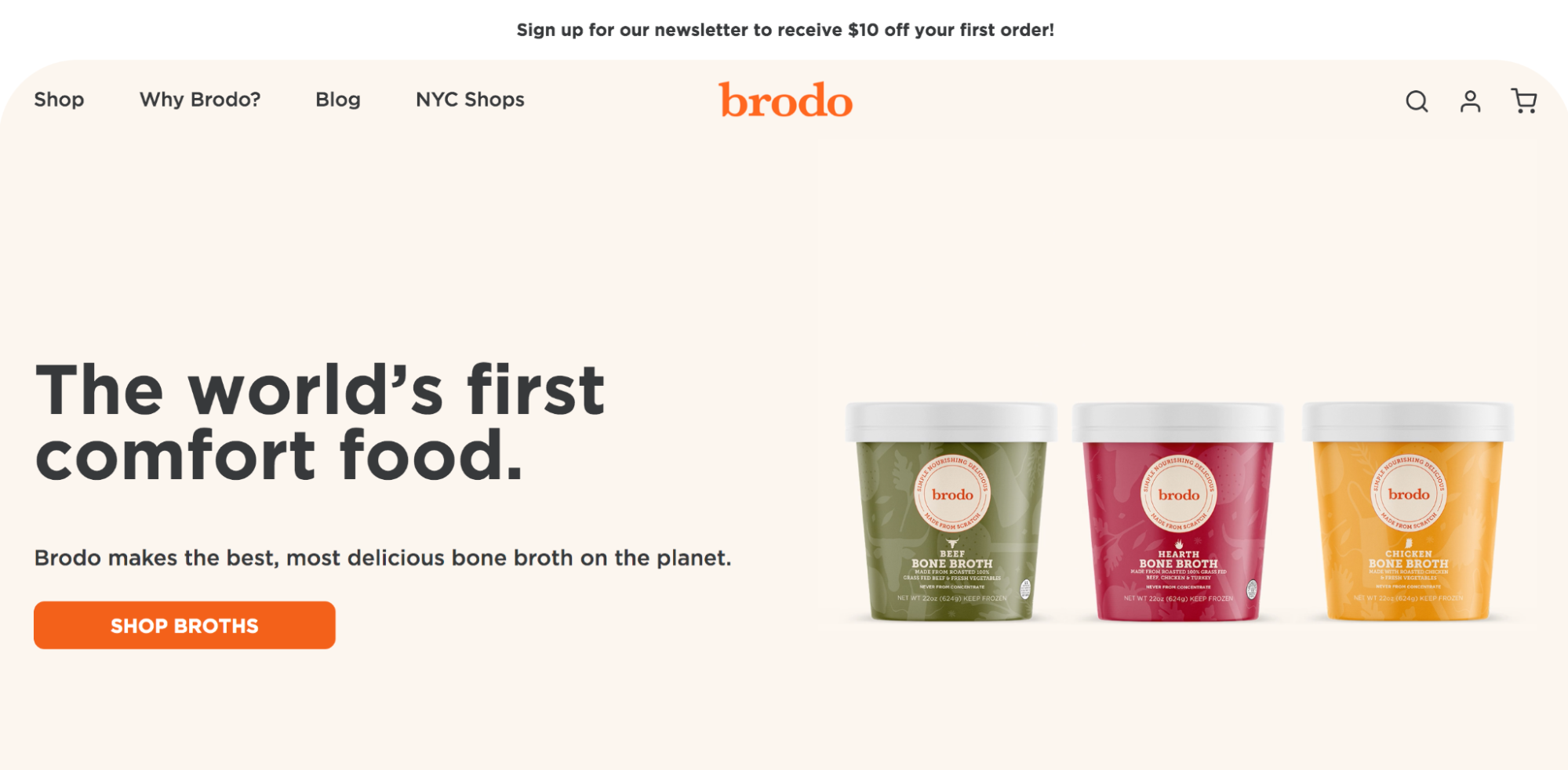 Brodo homepage with an image of three broths side by side