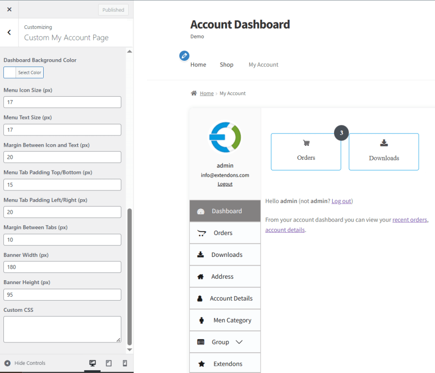 Edit Custom Dashboard with Customizer