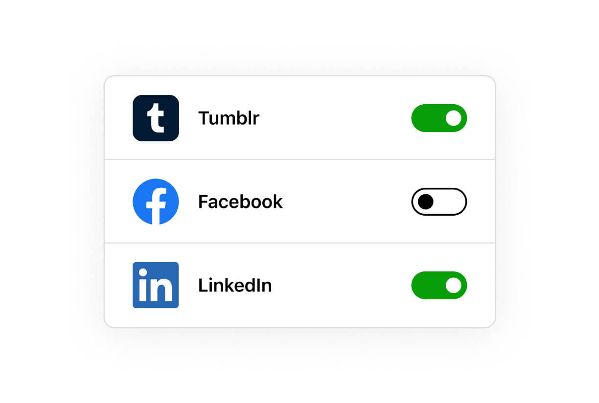A list of social media channels with toggles to turn on and off