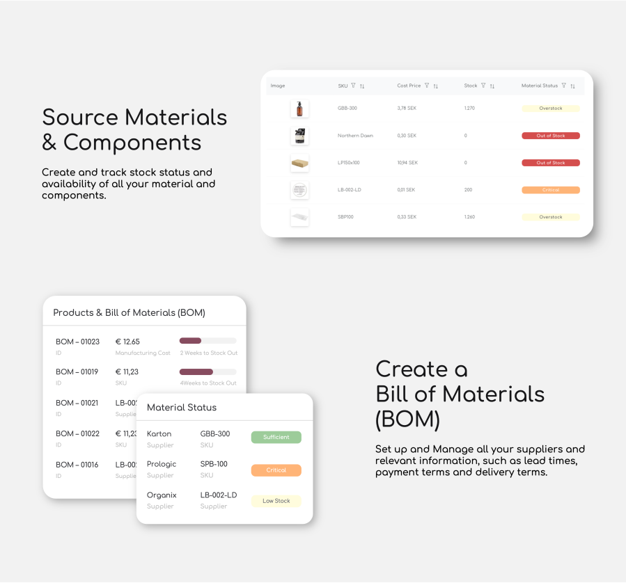 Create a Bill of Material and manage all materials, kits and components in one place. Smooth.