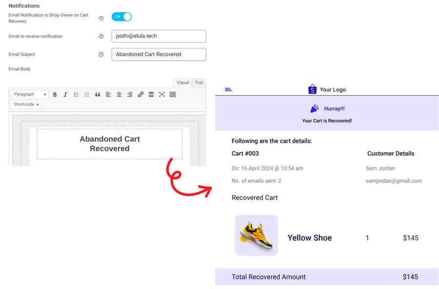 Receive an email notification every time a cart is recovered