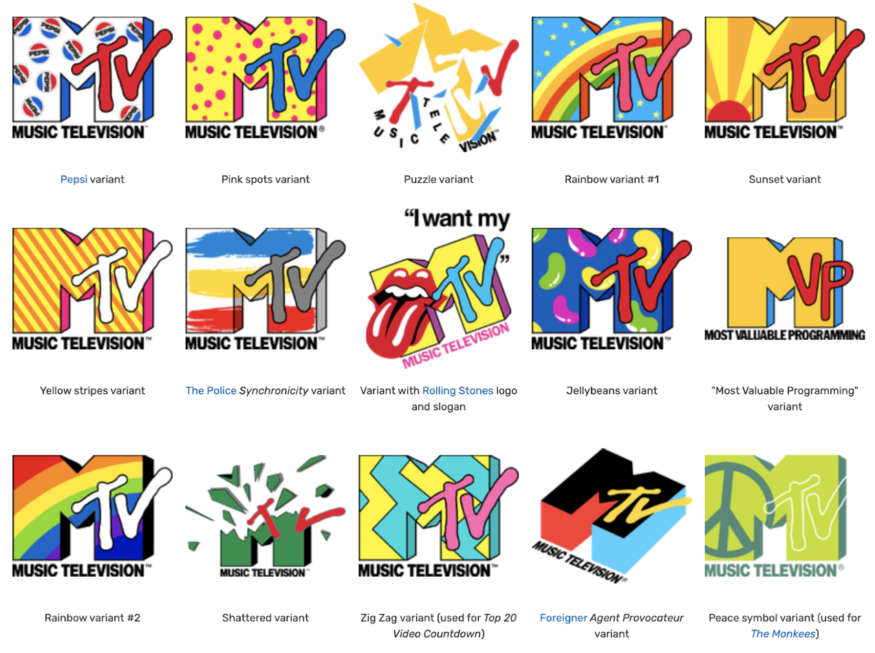 different variations of the MTV logo