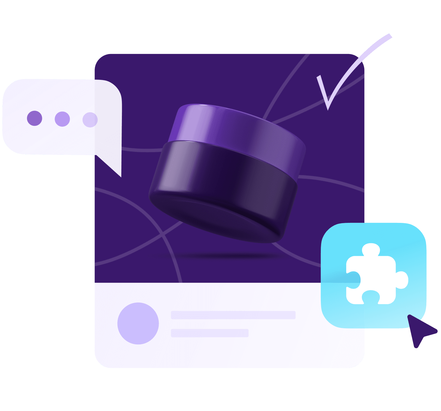  Illustration with cosmetic jar, chat interface, and a plugin icon