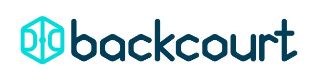 A teal wordmark that reads "backcourt" in angular letters. to the left there is a lighter teal hexagon that has a few lines through it resembling a handball court.
