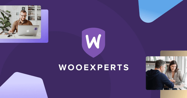 WooExperts graphic with purple and blue shapes
