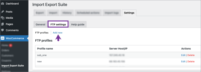 adding new FTP profile in import export suite for WooCommerce