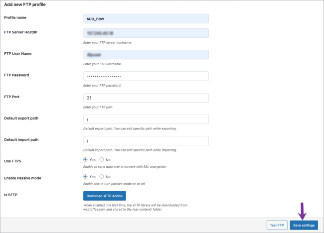 creating new FTP profile in import export suite for WooCommerce