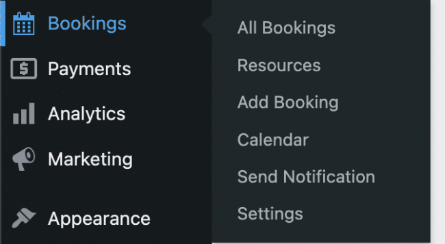 This image illustrates that hovering over the Bookings menu item reveals a sub-menu with the following options:

1. All Bookings

2. Resources

3. Add Booking

4. Calendar

5. Send Notification

6. Settings