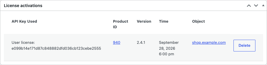 The License activations box on the edit order screen, listing one activation with the user license key used, the product ID, version, activation time, the site it was activated on, and a Delete button