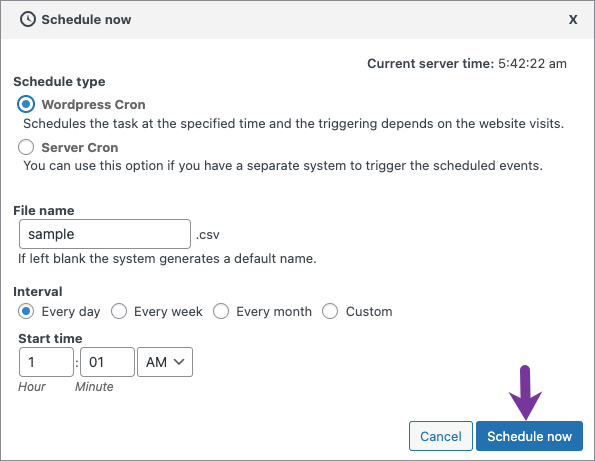 schedule now screen during export