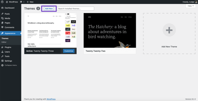 Add new theme button in WordPress dashboard.