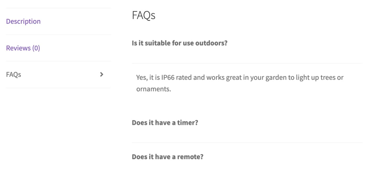 FAQs added to a product pagge