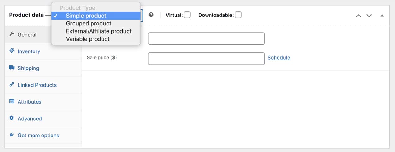 dropdown of product types