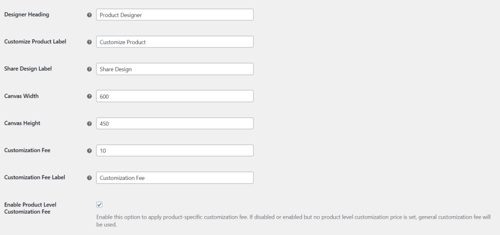 Product Designer Customization Settings