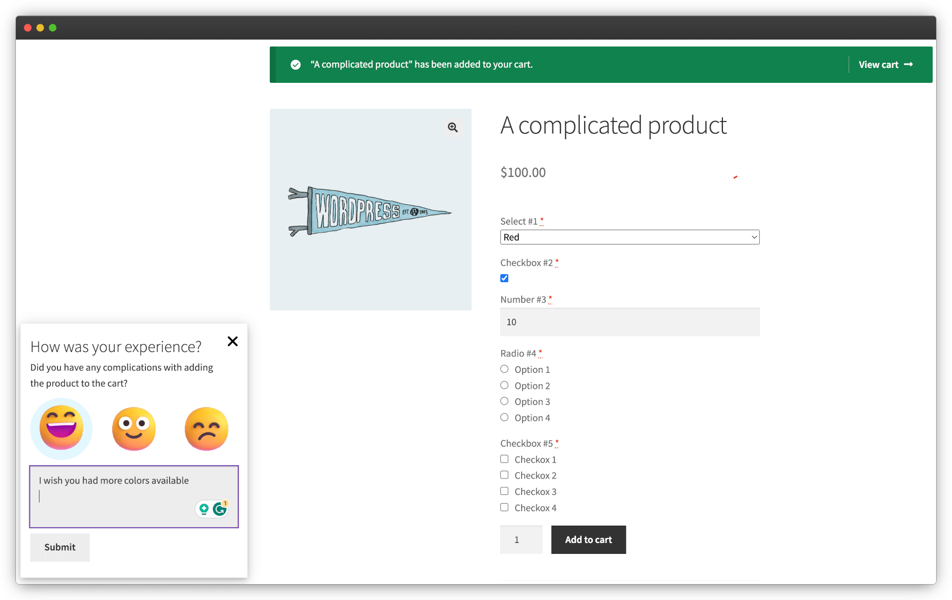 Shows product page with feedback popup