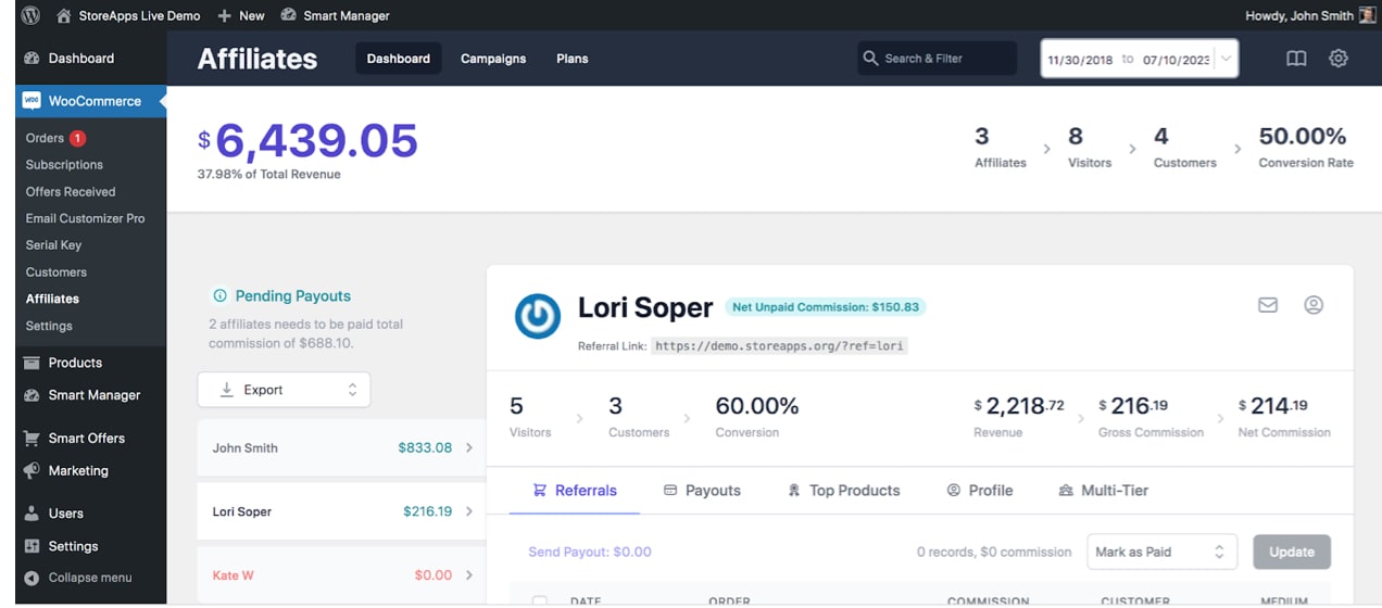 affiliate dashboard in WooCommerce