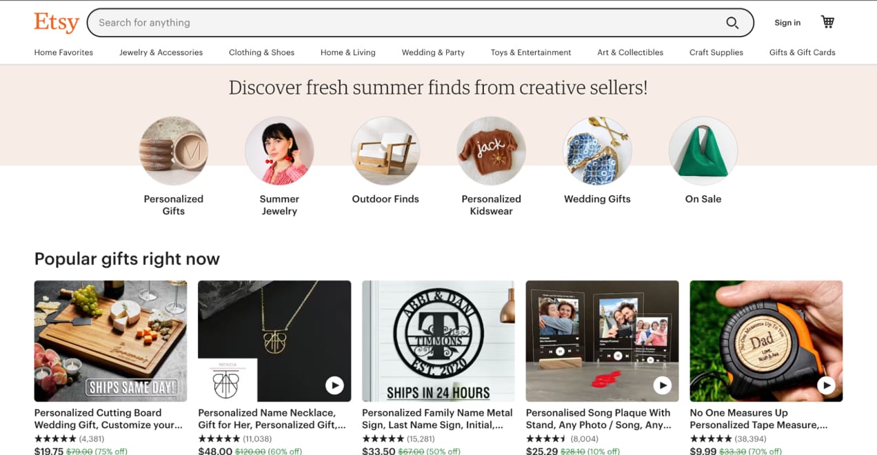 Etsy homepage