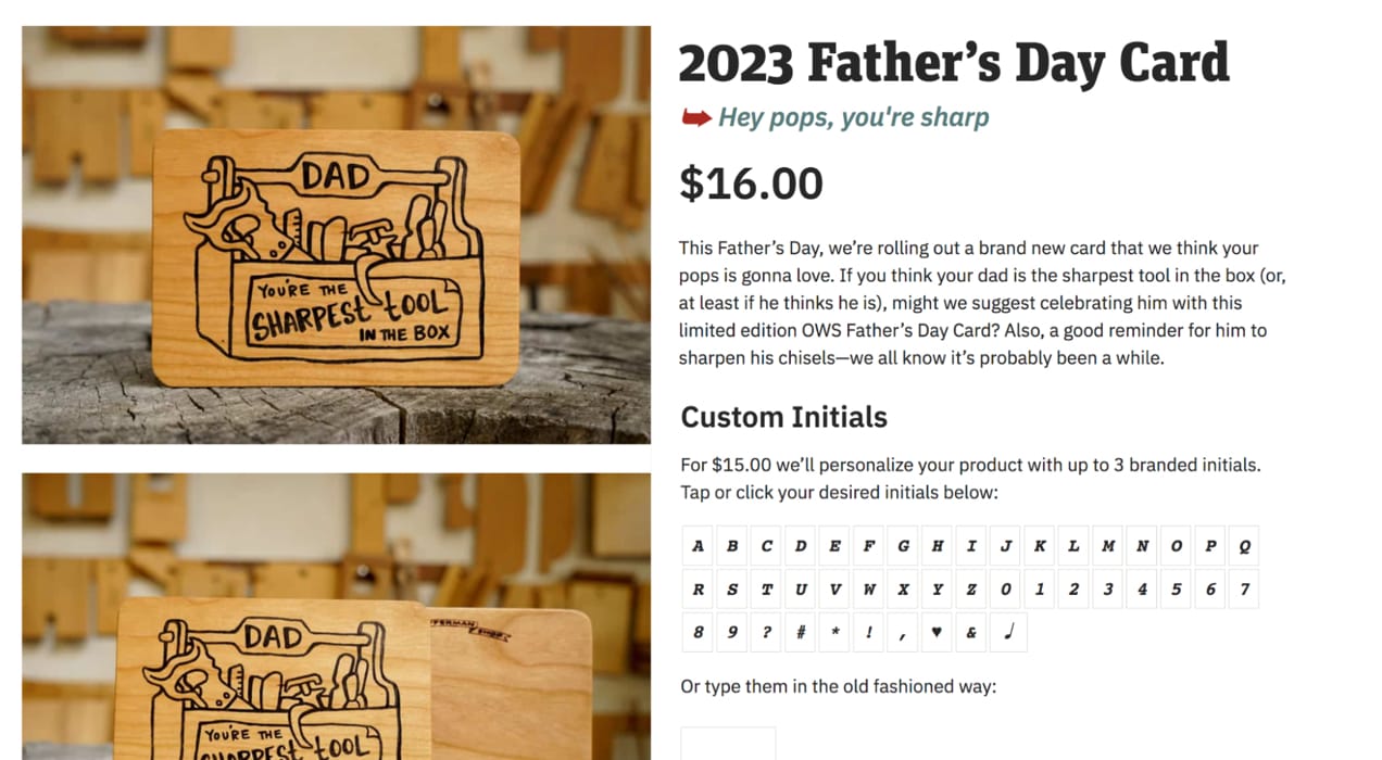father's day card listing on the Offerman Woodshop website