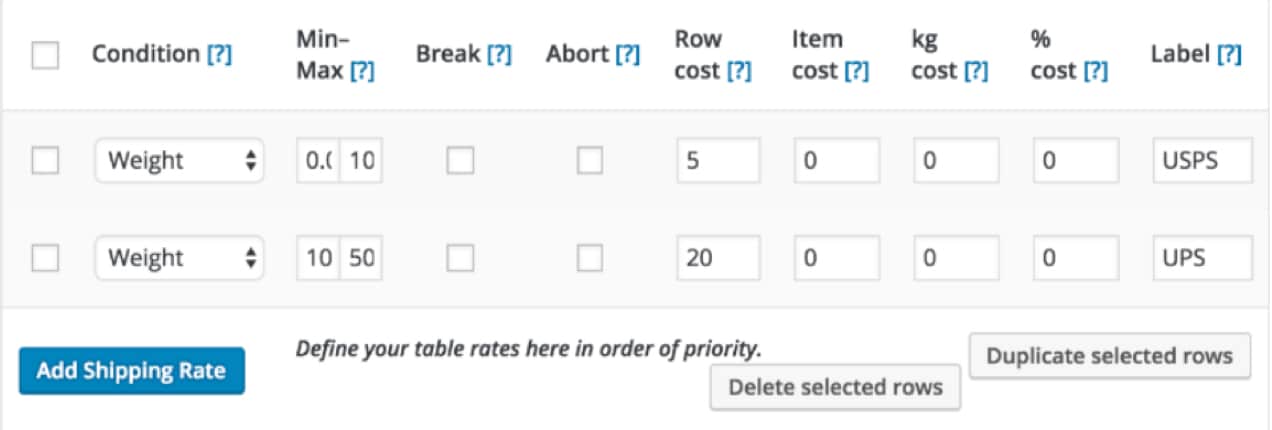 table rate shipping settings