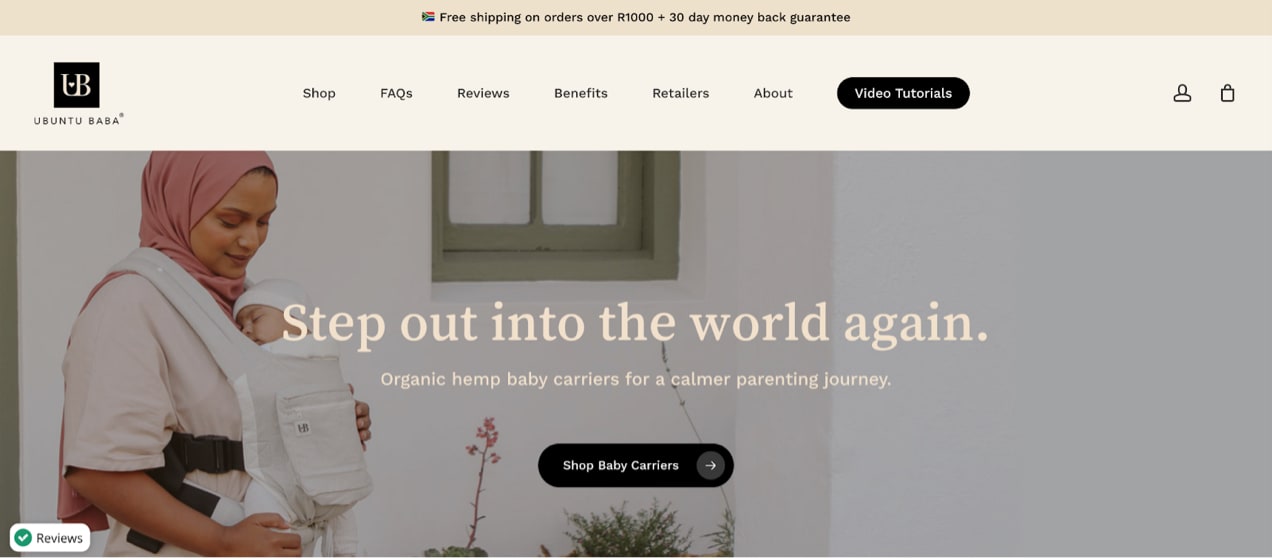 Ubuntu Baba website, featuring a woman wearing a baby carrier