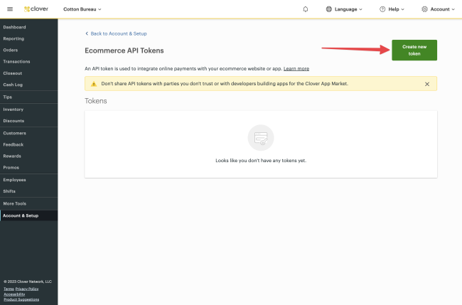 Clover account ecommerce API tokens area