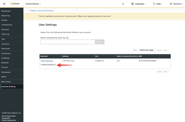 The location of the merchant ID on your Clover for WooCommerce account