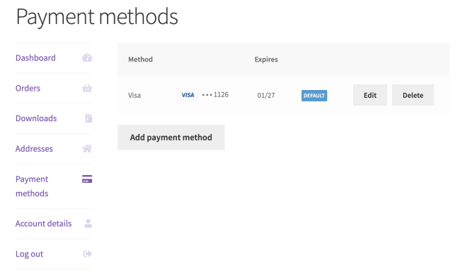 The payment methods stored in a WooCommerce account 