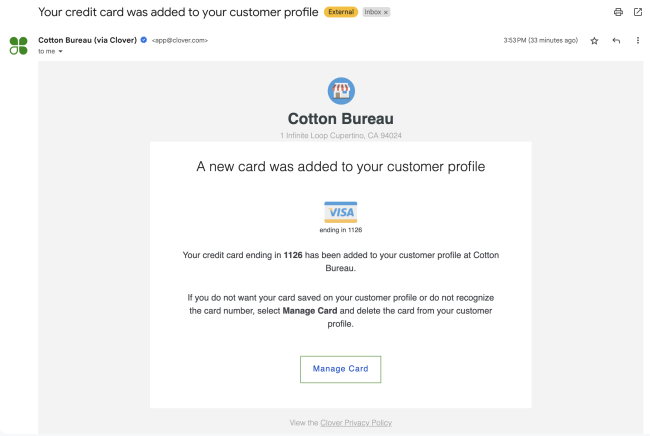 The email sent by Clover when saving a token using the Clover for WooCommerce payment gateway