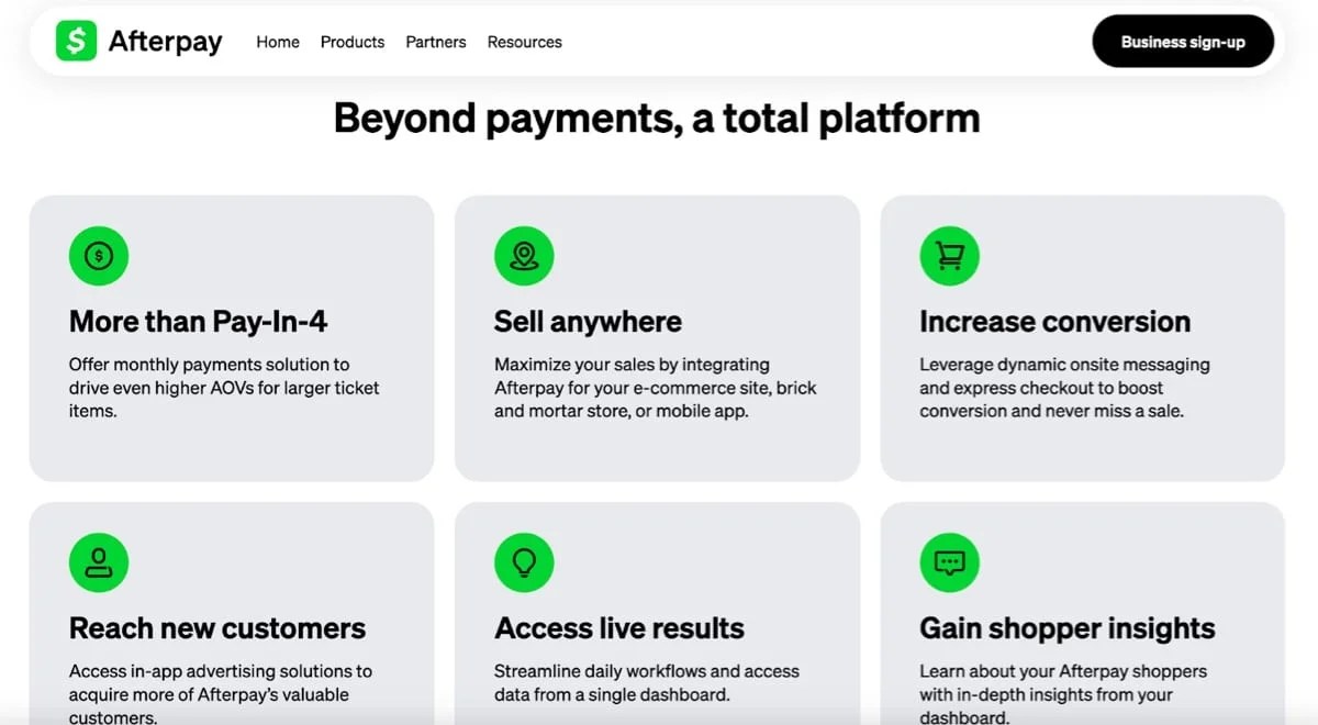 Afterpay homepage with the text "Beyond payments, a total platform"