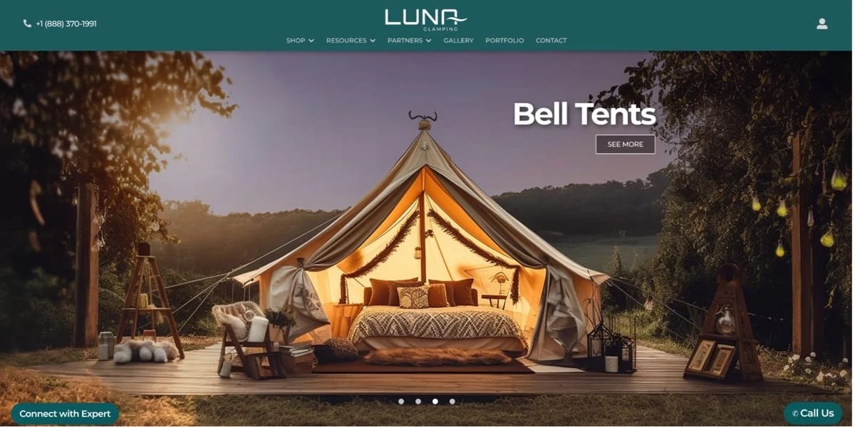 Luna Glamping homepage with a slider of their tents
