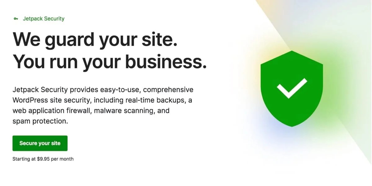 Jetpack Security page with the text "We guard your site. You run your business"