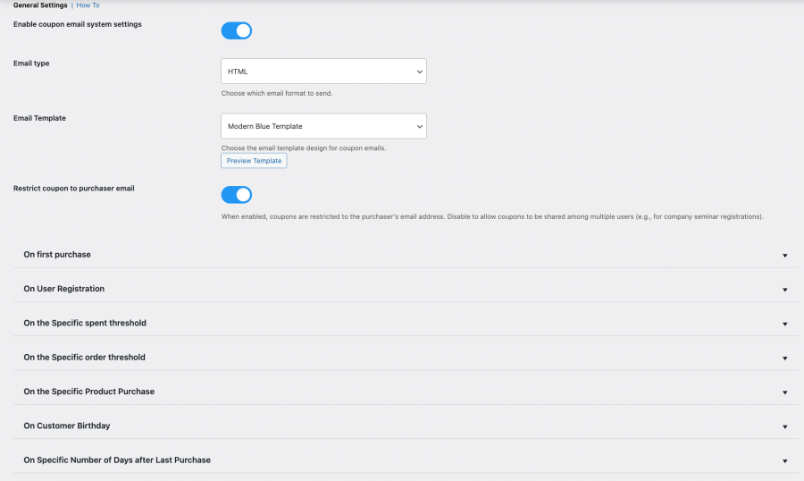 WooCommerce Coupon Email Plugin – General Settings panel showing trigger options