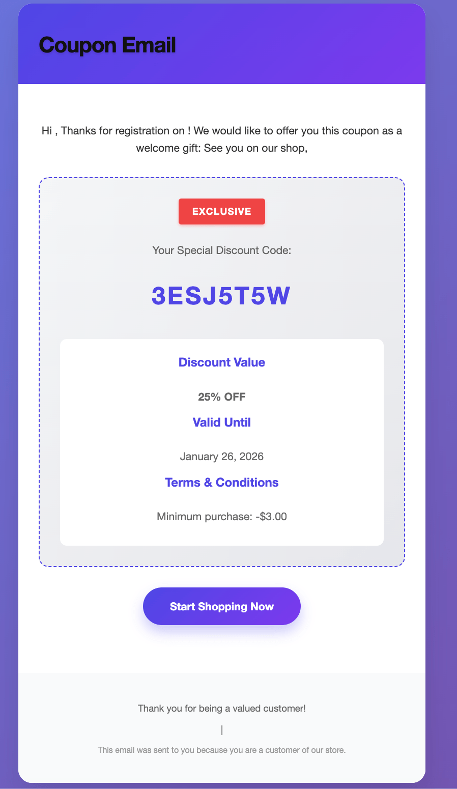 WooCommerce automated coupon email template showing discount code, value and expiry date
